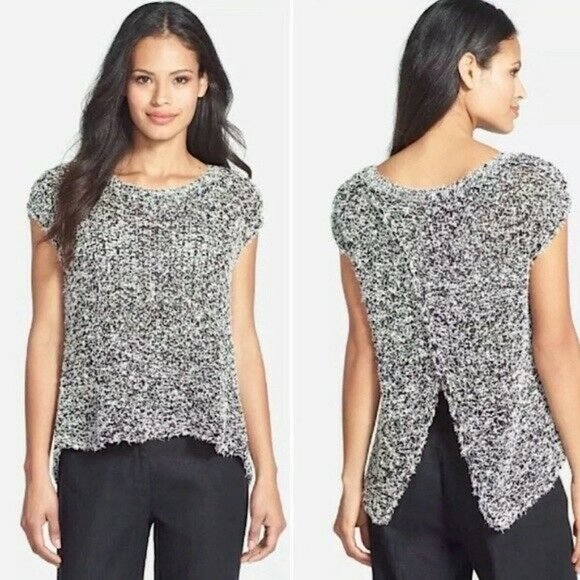 Eileen Fisher Sweaters - Eileen Fisher Black Gray Eyelash Loose Knit Split Back Cap Sleeve Sweater L